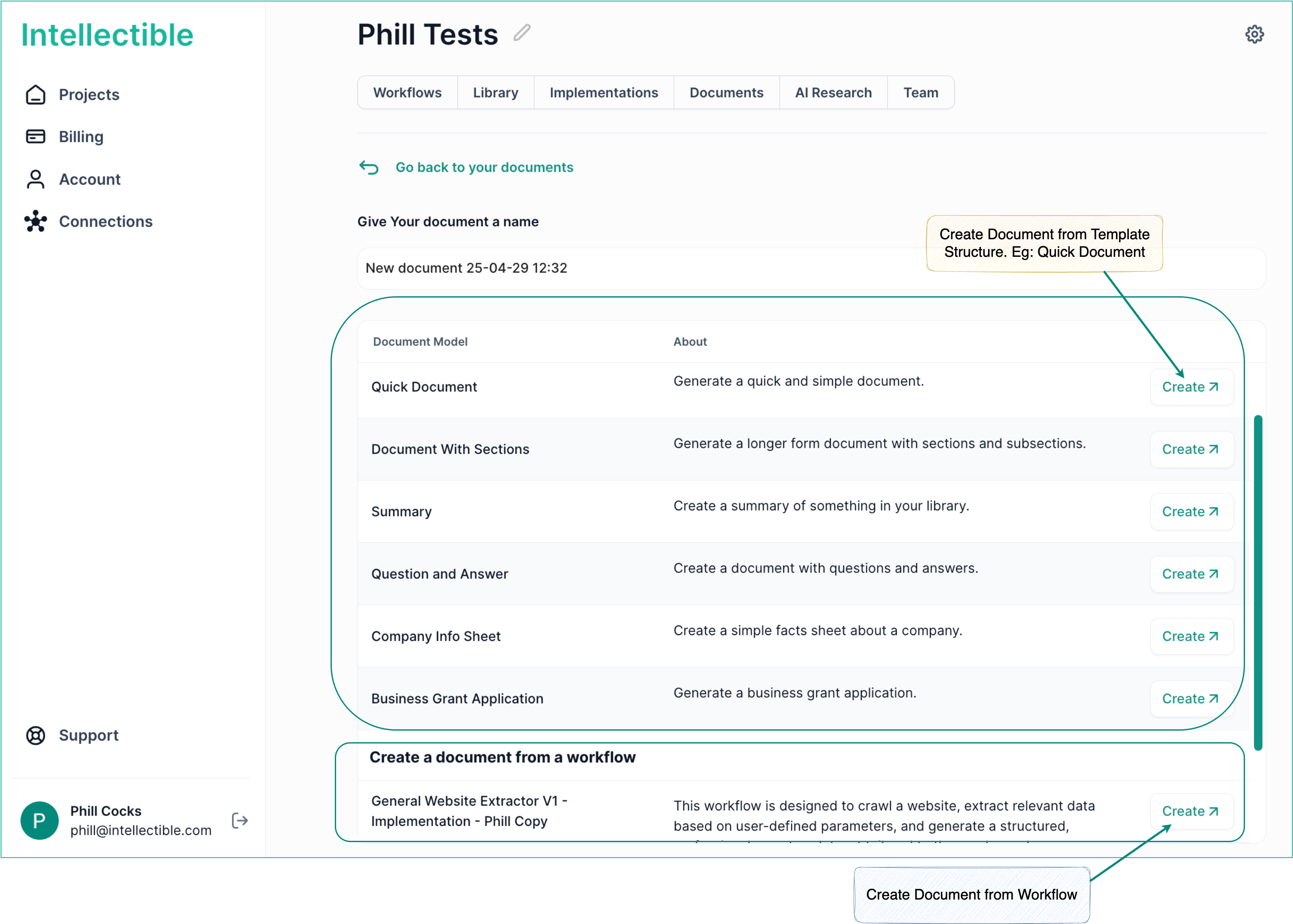Documents Tab – New Document Options