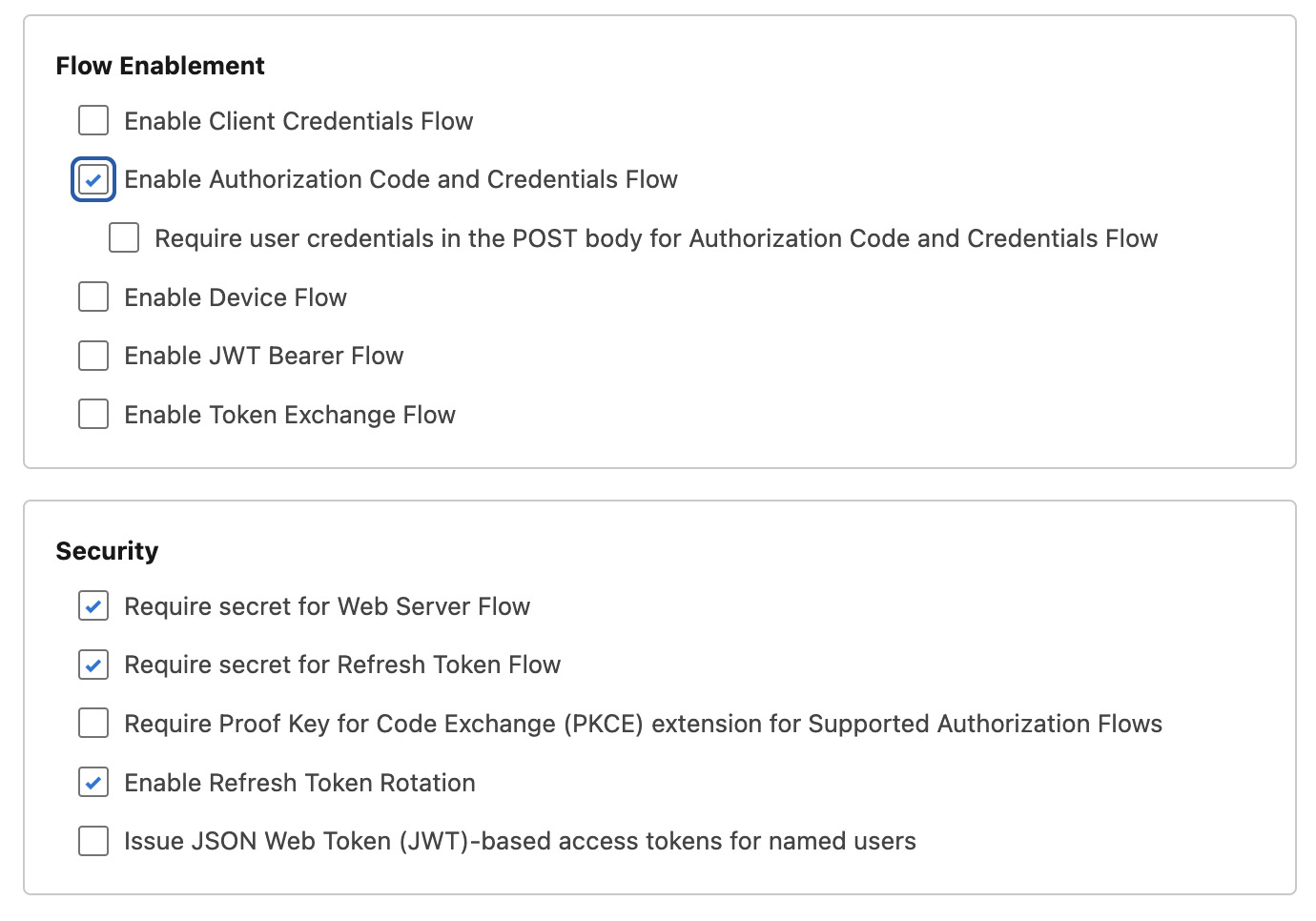 OAuth Settings → Security Options