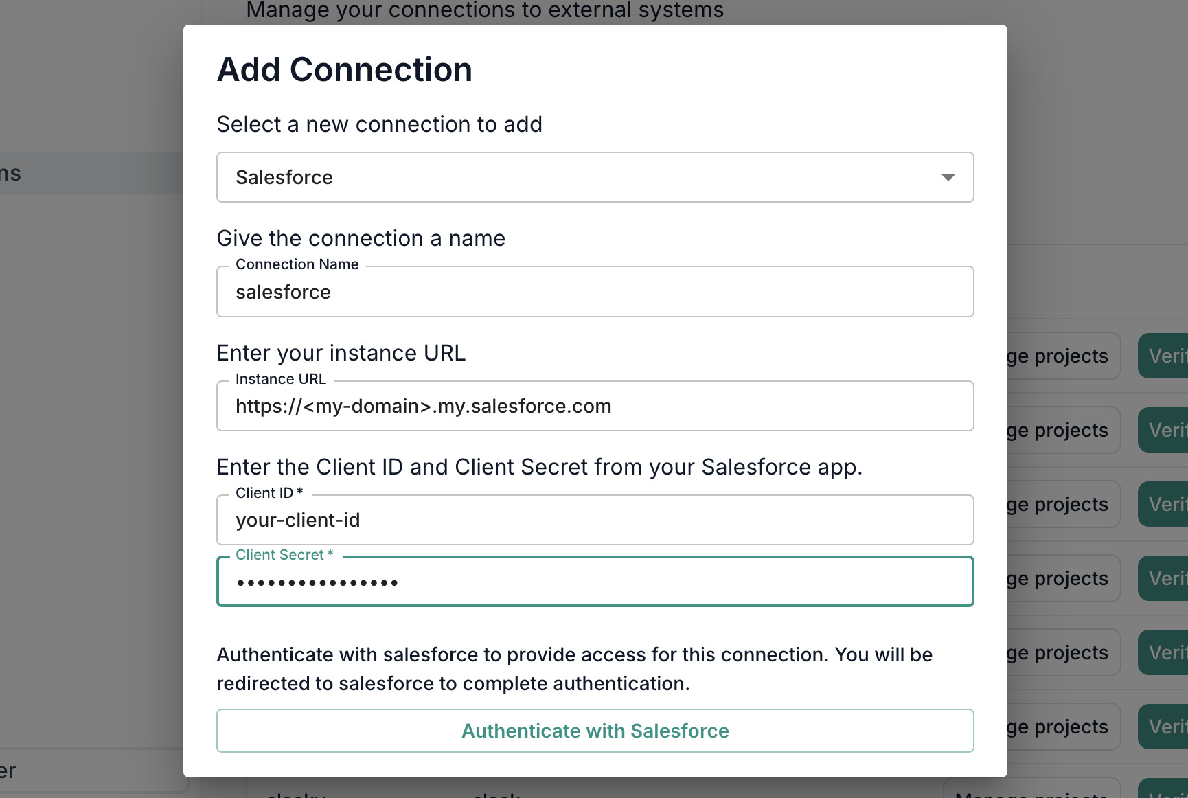 Intellectible → Connections → Salesforce