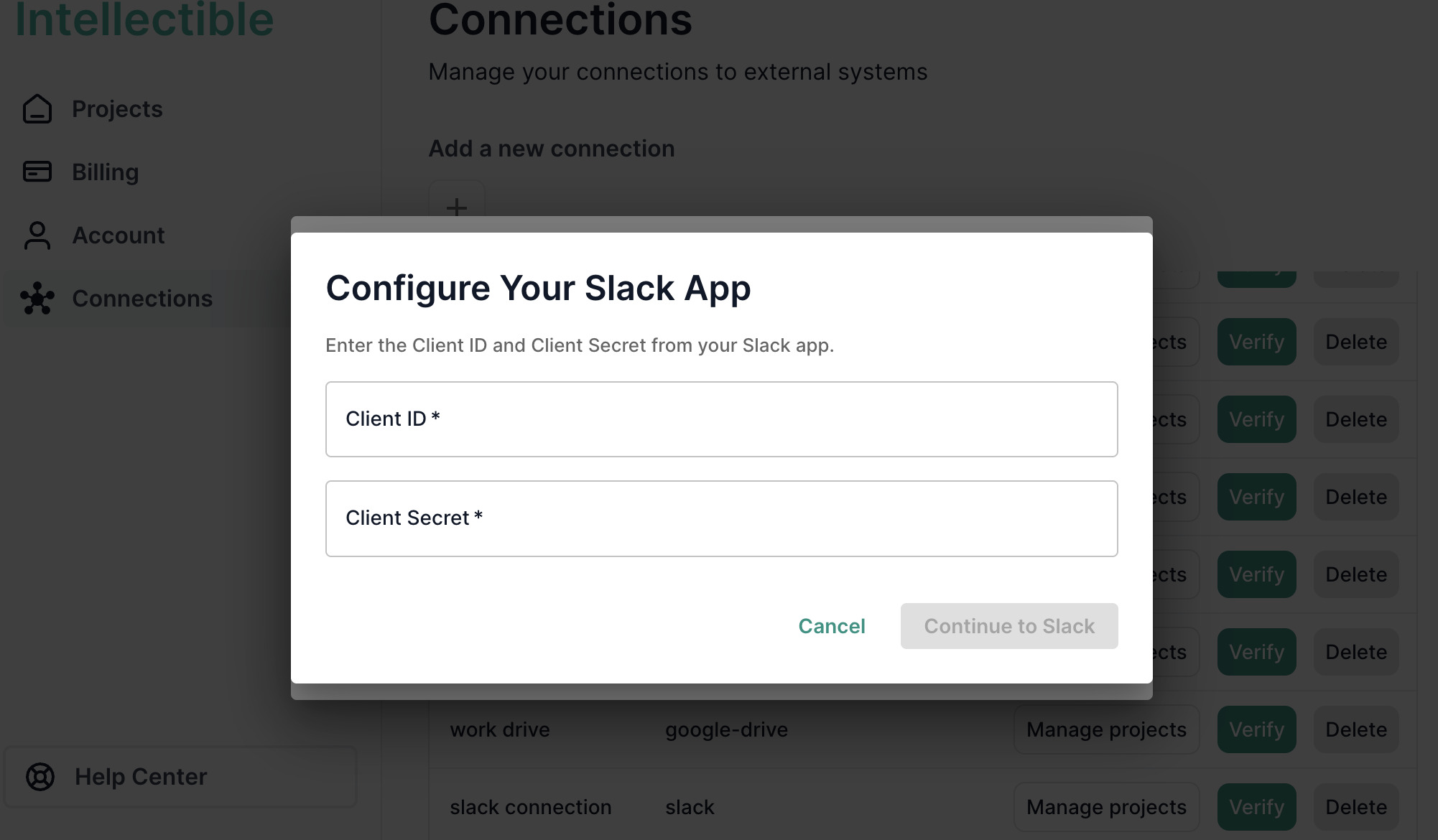 Enter Slack app credentials