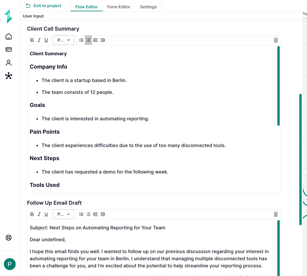 Client Summary output